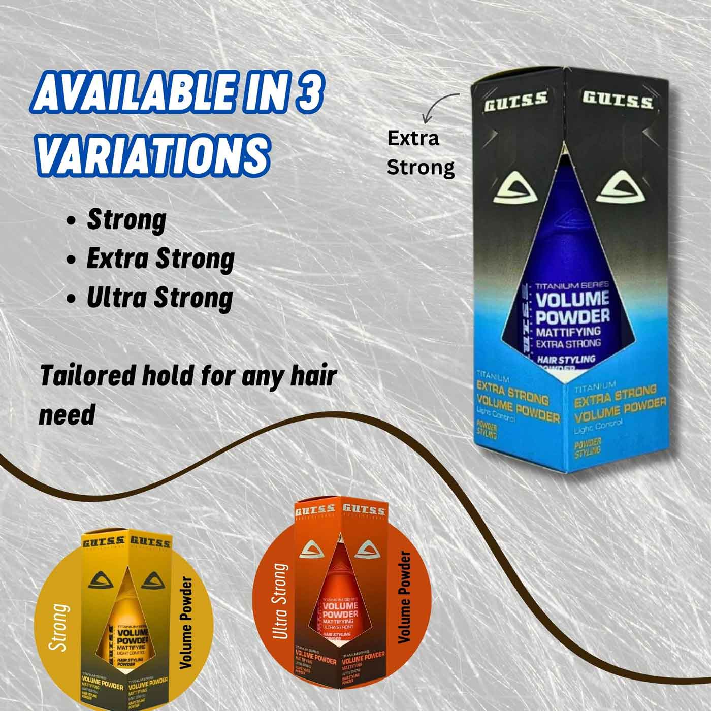 Extra strong 20g volume powder by Gutss, designed for professional hair styling.