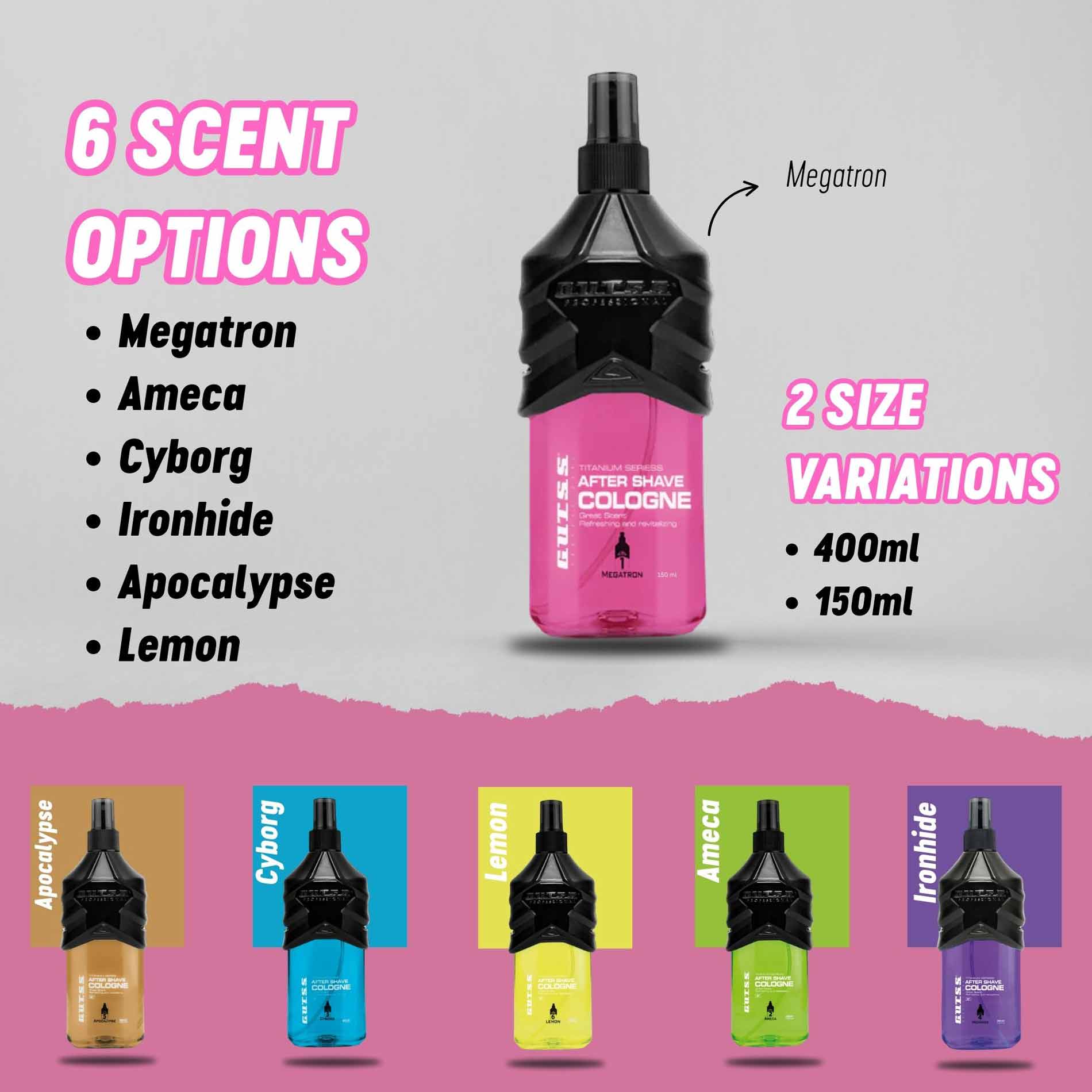 Megatron 150ml hair care cologne, perfect for salons and professional grooming.