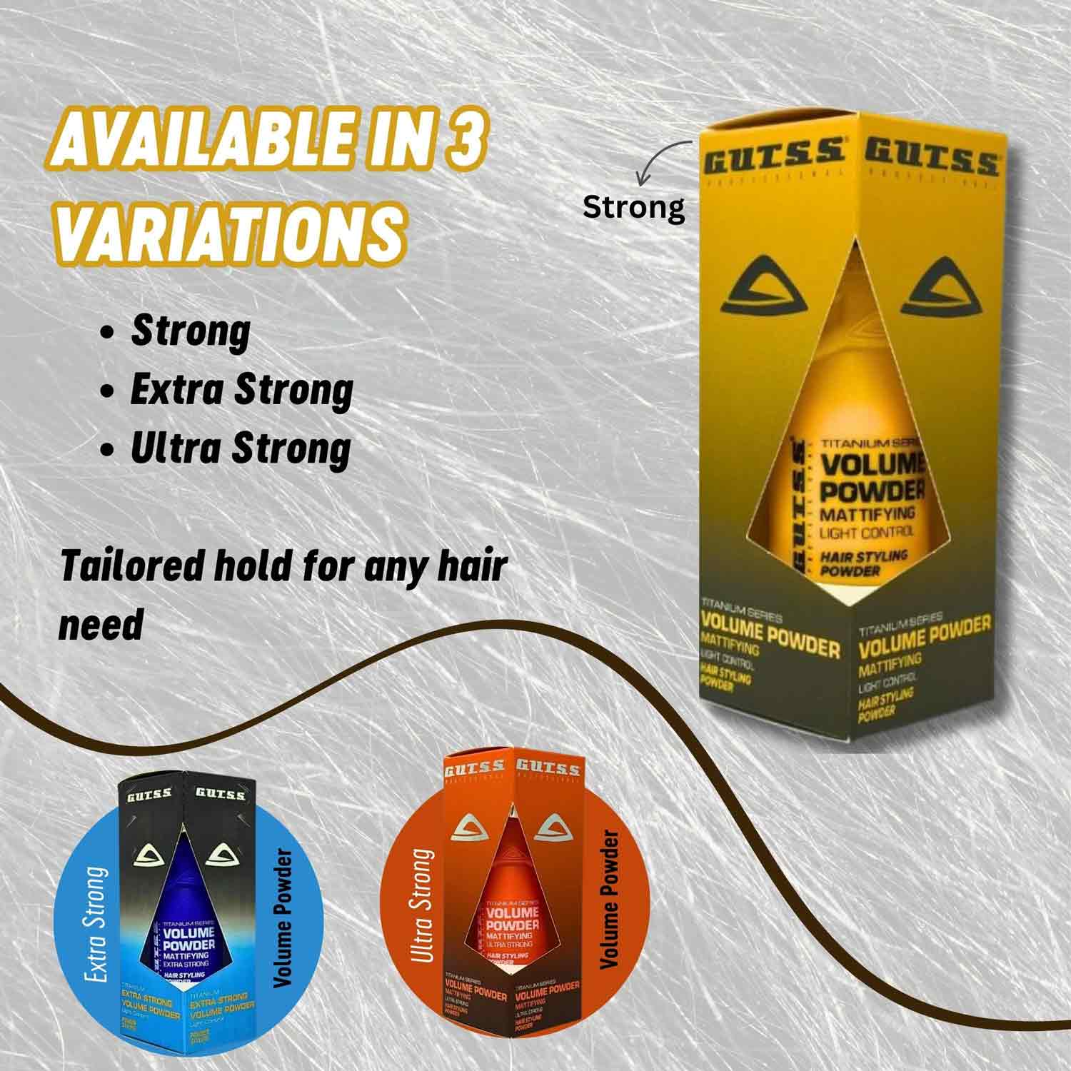 Strong 20g volume powder by Gutss, ideal for professional hair styling with texture.