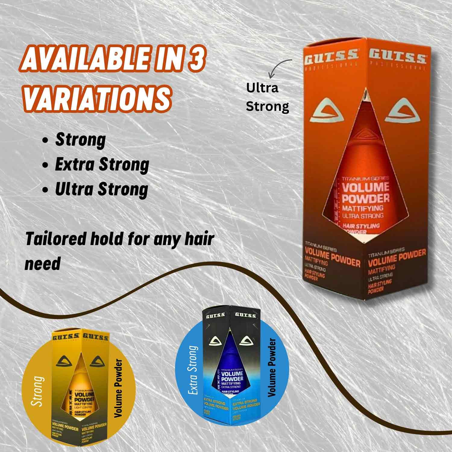 Ultra strong 20g volume powder by Gutss, perfect for professional hair styling.